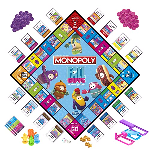 MONOPOLY Fall Guys Ultimate Knockout Edition Juego de mesa para jugadores de 8 años en adelante, Dodge obstáculos interactivos, incluye troquel Knockout