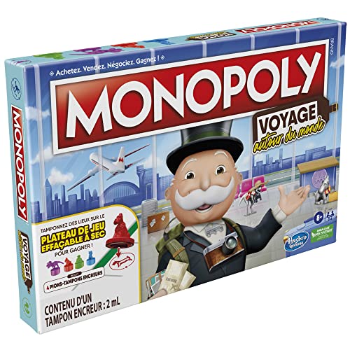 Monopoly Travel Alrededor del Mundo, para Familia y Niños, a Partir de 8 años, con Sellos de Tinta y Bandeja borrable en seco