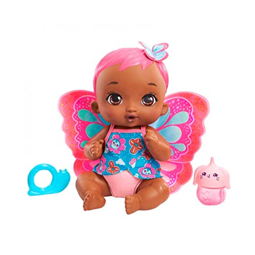 My Garden Baby Mariposas hago pipí Coral Muñeco de juguete con manta mariposa, biberón y pañal, regalo para niñas y niños +18 meses (Mattel GYP12)