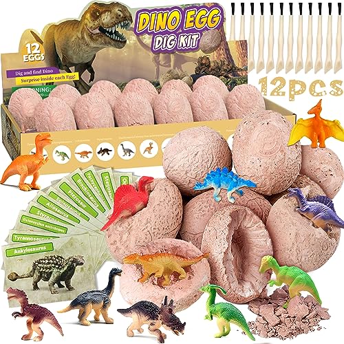 NCKIHRKK Kit de Excavación Huevo Dinosaurio de Juguete, 12 Piezas Huevo de Dinosaurio Juego para Niños, Dinosaurios Juguetes Niños 4 5 6 7 8 9 Años, Regalos de Pascua Niños Niñas 4-9 Años