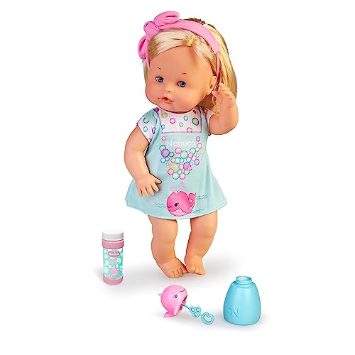 Nenuco - Pompitas, muñeco bebé cuerpo duro de 35 cm de pelo rubio, que sopla y hace pompas de jabón, juguete con accesorios de juego, regalo para niños y niñas desde 3 años, Famosa (NFN30000)