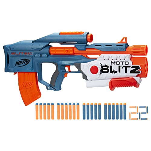 Nerf Elite 2.0 Motoblitz, Lanzador de 10 Dardos seguidos o 6 Dardos a la Vez, Clip de 10 Dardos, Multicolor, 22 Dardos incluidos