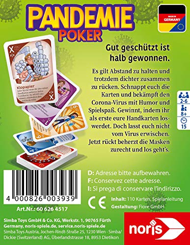 Noris 606264517 Pandemia Poker, El Juego de Cartas en el Que está Bien Protegido Medio Ganado, a Partir de 8 años