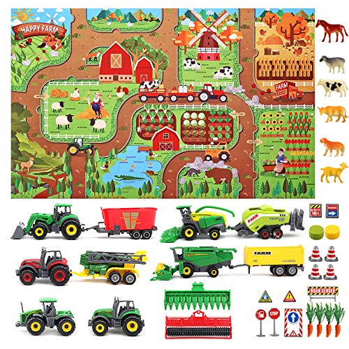 Oriate Vehículo de granja fundido a presión con animales de granja y alfombra de juego de actividad, 38 piezas pedagógicas realistas para niños, incluye pulverizador, cortador, vaca, caballo.