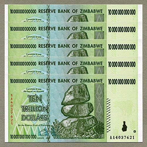 Original Oficial de Zimbabwe 10 Trillion de dólares x 5 Piezas, número de Serie AA / 2008, P-90, UNC