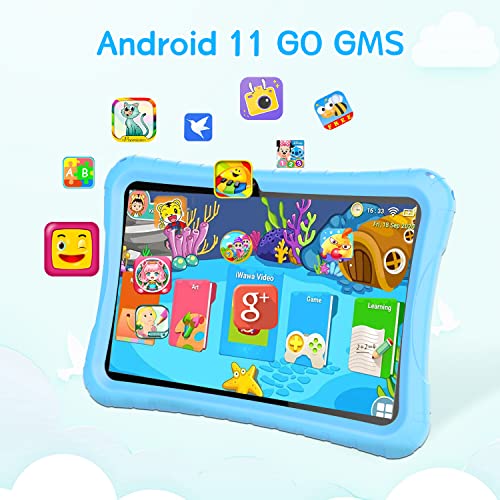 OUZRS Tablet 10 Pulgadas Android 11 Tablet Niños con 64GB ROM (TF 256), 3GB RAM Tableta HD IPS Display, Juegos Educativos para Niños, Control Parental con Funda Silicona-Azul