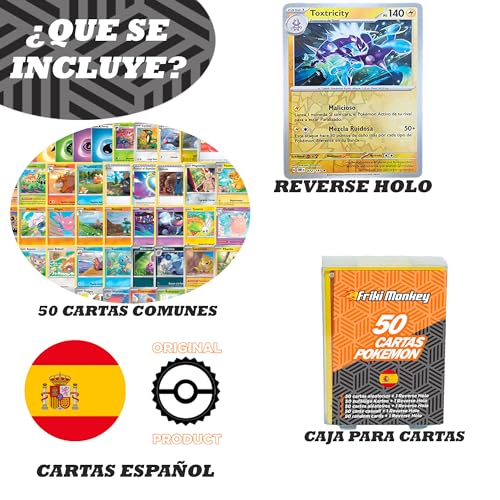 Pack de Cartas Pokemon Originales en español, 50 Cartas comunes + 1 Reverse Holo Aleatorias
