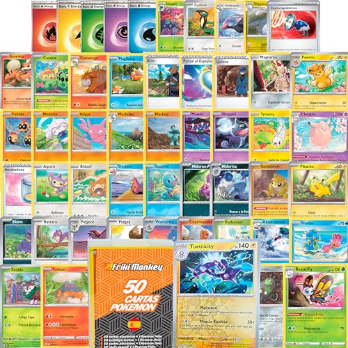 Pack de Cartas Pokemon Originales en español, 50 Cartas comunes + 1 Reverse Holo Aleatorias