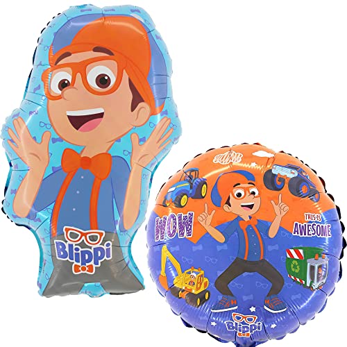 Paquete de 2 globos Blippi de Toyland® - Globo con personajes redondos de 18" y globo grande con forma de Blippi de 29" - Decoraciones para fiestas infantiles