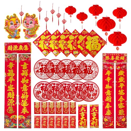 Paquete de 50 decoraciones de Año Nuevo chino, Año del Dragón Luna Año Nuevo Parejas Chinas Sobres de Linterna Roja Sobres de Papel Fu Calcomanías de Ventana Adornos Pegatinas de Puerta para