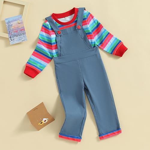 PDYLZWZY Chucky - Conjunto de camiseta de manga larga para bebé, diseño de rayas y tirantes, disfraz de Halloween, azul, 2-3 Años