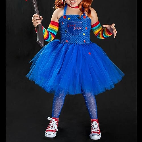 PDYLZWZY Chucky Disfraz para niños pequeños, disfraz de Halloween de Chucky, disfraz de Halloween, vestido de tul, manga de manga, cosplay para Halloween, azul, 8-9 años