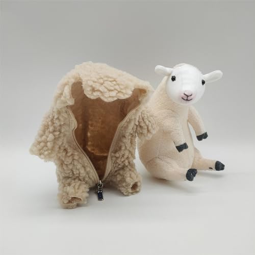 Pequeña oveja educativa de lana afeitada de 25 cm de cordero Kawaii con ropa extraíble, pequeño 25 cm (beige, talla única)