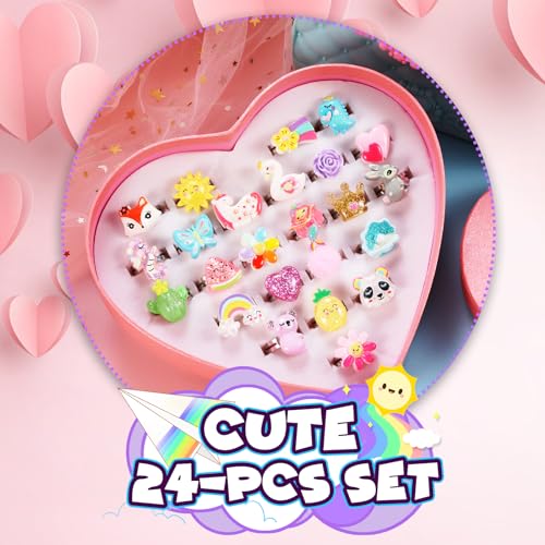 PinkSheep Anillos de joyas para niñas en caja, ajustables, sin duplicación, anillos de juego de simulación y de vestir para niñas (24 Bling Ring)