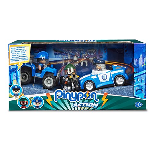 Pinypon Action - Pack de Vehículos con quad, coche y moto, y 3 figuras diferentes 2 muñecos policías y un ladrón, Juguete exclusivo, para niños y niñas desde 3 años, Famosa (700015907)