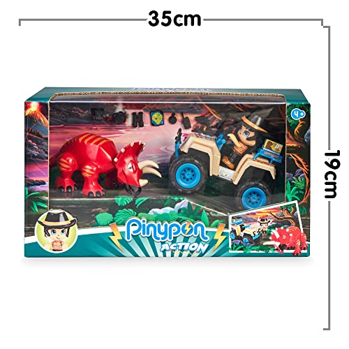Pinypon Action - Wild Quad con Dino, incluye un vehículo de juguete, un styracosaurus rojo y un muñeco Pinypon explorador, para niños desde 4 años de edad
