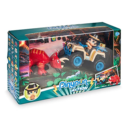 Pinypon Action - Wild Quad con Dino, incluye un vehículo de juguete, un styracosaurus rojo y un muñeco Pinypon explorador, para niños desde 4 años de edad