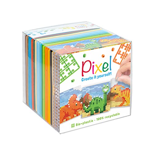 Pixel P29024 - Juego de Pasatiempos Dinosaurios, Sistema de Plug-in como pasatiempo Creativo para niños a Partir de 6 años, Caja de Cubos con Plantillas de Motivos y Cuadrados de píxeles