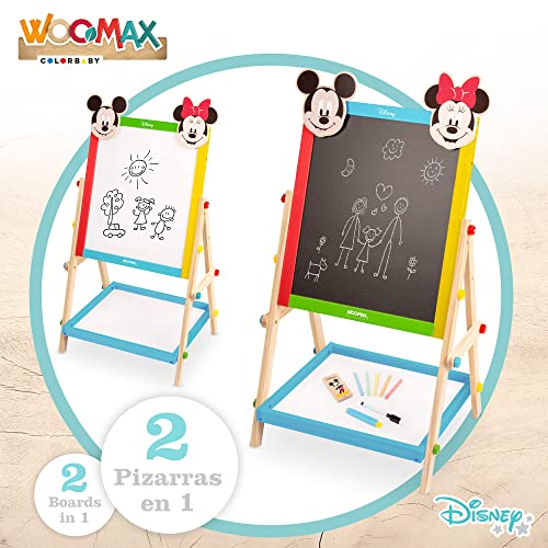 Pizarra doble cara madera de Disney, Minnie y Mickey, mide 37,5x65 cm, Incluye tizas, borrador y marcador negro, Pizarra de pie para niños, +4 años