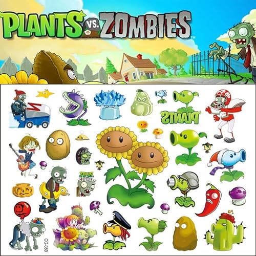 Plants vs. Zombies, 4 hojas de tatuaje temporal infantil para niños y niñas,Adecuado para fiestas de cumpleaños, actividades en grupo, pegatinas de tatuajes infantiles...