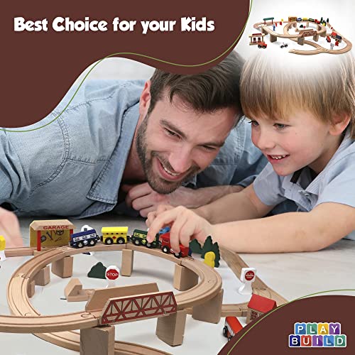 Play Build Set di treni in Legno, Set Completo di treni per Bambini, Set interattivo di gioco e apprendimento, Design Creativo di binari del treno in Legno (80 Piezas)