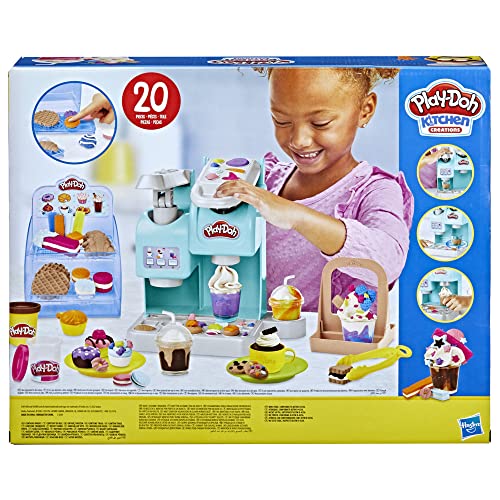 Play-Doh - Kitchen Creations - Súper Cafetería - Cafetera de Juguete con 20 Accesorios y 8 Botes