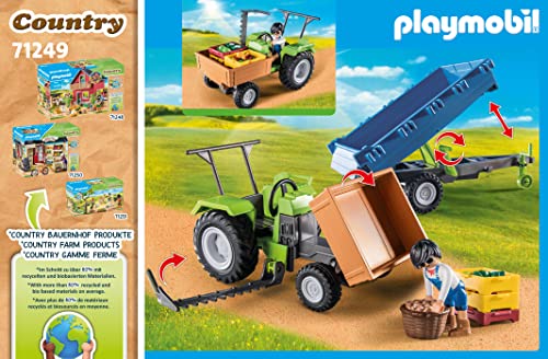 PLAYMOBIL Country 71249 Tractor con Remolque Incl, Cajas de Transporte, Tractor Verde para la Granja ecológica, Juguete sostenible para niños a Partir de 4 años