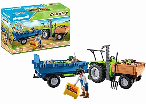 PLAYMOBIL Country 71249 Tractor con Remolque Incl, Cajas de Transporte, Tractor Verde para la Granja ecológica, Juguete sostenible para niños a Partir de 4 años