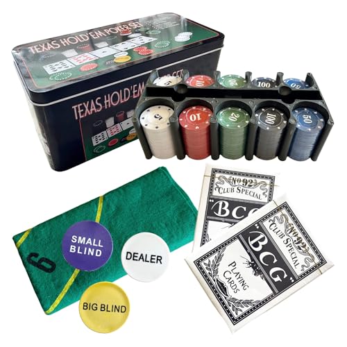 PLAYZOCO Set de Póker Completo, Juego de Blackjack, Incluye 200 fichas, 2 Barajas de Cartas, botón de repartidor, ciega pequeña, Gran ciega, tapete de Juego, Caja metálica