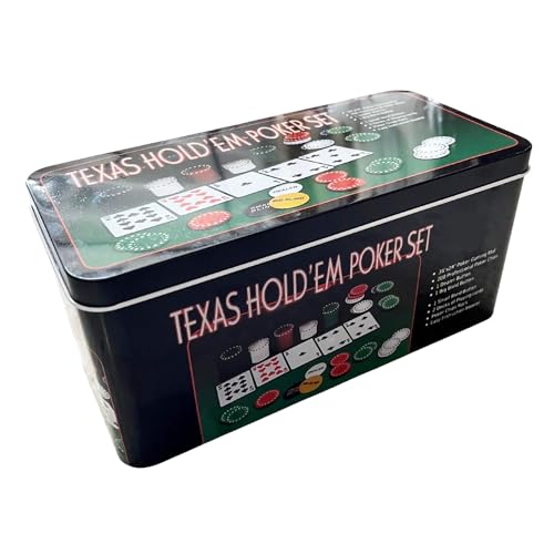 PLAYZOCO Set de Póker Completo, Juego de Blackjack, Incluye 200 fichas, 2 Barajas de Cartas, botón de repartidor, ciega pequeña, Gran ciega, tapete de Juego, Caja metálica