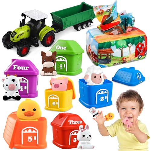 Plunack Juguetes Montessori 6 Meses - 3 Años, 3 IN 1 Juegos Educativos Niños, Animales Granja Juguetes | Caja de pañuelos para bebé | Juguete de Tractor | Juguetes Sensoriales Regalo Bebes 1 2 3 Años