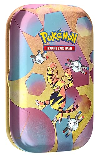 Pokemon - Juego de Cartas coleccionables: Mini Caja de Lata carmesí y púrpura – 151: Elektek (2 Paquetes de Refuerzo, 1 Moneda y 1 Tarjeta)