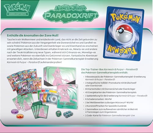 Pokemon - Juego de Cartas coleccionables: Top Trainer-Box Carmesin & Purpur. Paradoja: Guerrero de Hierro (9 Paquetes de Refuerzo, 1 Tarjeta Promocional holográfica de Pantalla Completa y Accesorios