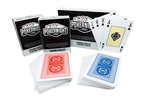 Poker Night Pro 2 Barajas de Cartas Profesionales 100% de Plástico (1 x Rojo/1 x Azul) | 55 Unidades por Baraja, Incluyendo 3 Comodines | índice Regular | Calidad Super Casino