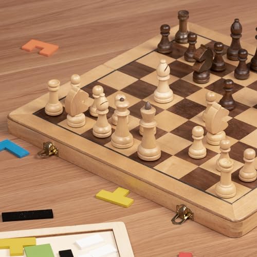 Precioso Juego de ajedrez Plegable de Madera de 38 cm con Piezas de 7,6 cm de Altura de Rey - Tablero con Incrustaciones de Arce y Nogal