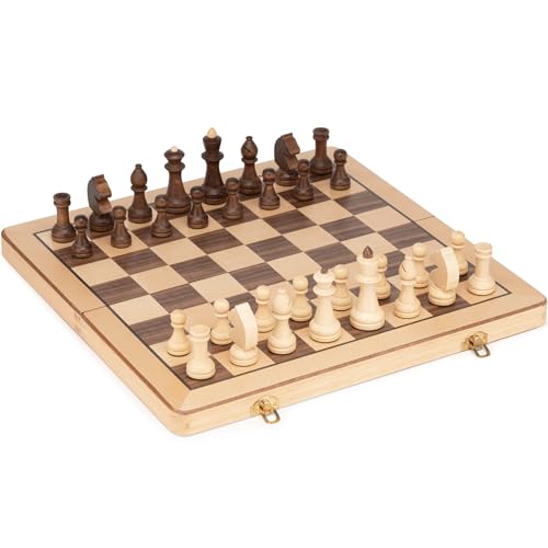 Precioso Juego de ajedrez Plegable de Madera de 38 cm con Piezas de 7,6 cm de Altura de Rey - Tablero con Incrustaciones de Arce y Nogal