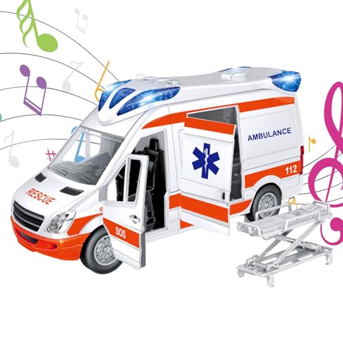PRUVA Camión de Juguete Ambulancia,Juegue al Coche de Juguete Ambulancia con Luces y Sonido - Juegue el Juguete de Ambulancia con Camilla, vehículo de Ambulancia, Coche de Juguete para niños pequeños