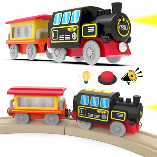 PTooTP Tren eléctrico de Juguete para Niños, Tren Juguete con Luz y Sonido, Brio Tren de Locomotora de acción con Pilas, Juguetes de ferrocarril de Madera, Juego de Tren de Motor, Coche de Juguetes