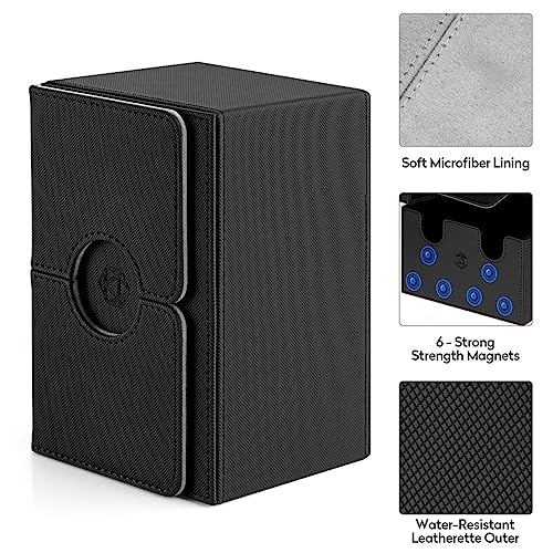 Pulchra Doble Deck Box para MTG Tarjeta, Magnetic Flip Box con 2 Divider & 1 Dice Tray - X-Tamaño Grande para 160+ Cartas - Dado Diseño (Negro, XL)