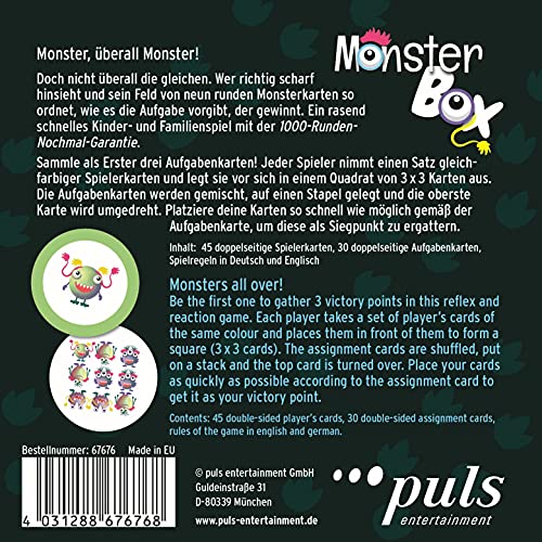 puls entertainment Monster Box-Juego de búsqueda monstruosa de KartLegDrehSuchspiel. (67676)