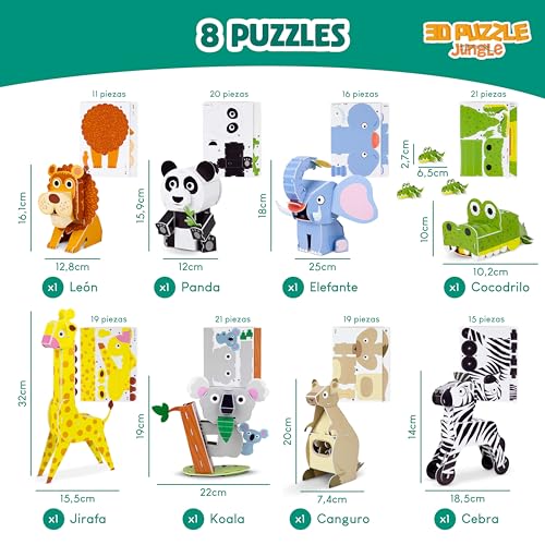 Puzzle 3D Niños Animales Jungla Pack 8 - BONNYCO | Puzzles 3D Juegos Educativos, Juguetes Niña y Niño, Juguetes Niños | Regalos para Niños Niñas Cumpleaños 6 7 8 9 10 Años Comunion Navidad