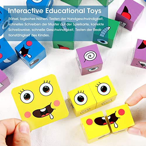 Puzzle de Madera de Expresión Facial,Juegos Montessori Kit de Rompecabezas Juguete 16 Cubos 64 Cartas IQ Puzzle Regalo Navidad,Cubo Juguetes Educativos para Niños 3 años