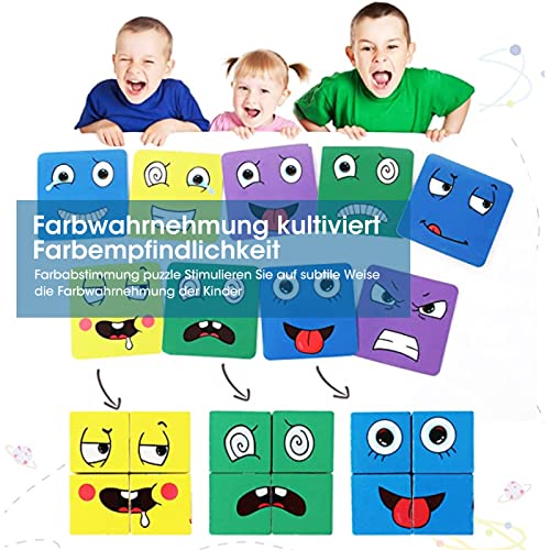 Puzzle de Madera de Expresión Facial,Juegos Montessori Kit de Rompecabezas Juguete 16 Cubos 64 Cartas IQ Puzzle Regalo Navidad,Cubo Juguetes Educativos para Niños 3 años