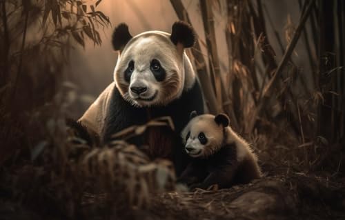 Puzzles De Madera 1000 Piezas Oso Panda, Madre Y Bebé, En, Bosque De Bambú Puzzle De Madera 75X50Cm