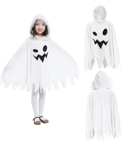 QDC Disfraz de Halloween para niños, capa divertida con capucha, abrigo de fantasma, cosplay, disfraz para Halloween, carnaval, talla M (110-120 cm)