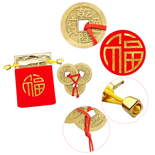 quiodok 10 Piezas de La Antigua Dinastía China 3 Monedas con Cuerda Roja y 6 Piezas de Bolsa Roja de La Suerte, Monedas Feng Shui para la Riqueza, la Salud y el éxito