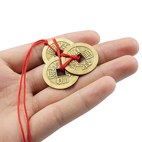 quiodok 10 Piezas de La Antigua Dinastía China 3 Monedas con Cuerda Roja y 6 Piezas de Bolsa Roja de La Suerte, Monedas Feng Shui para la Riqueza, la Salud y el éxito