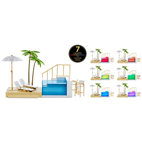 Rainbow High 578475 Juego de Piscina y Club de Playa, con Luces LED, Puente y Palmeras, para muñecas de Moda, Incluye sillas, Bebidas y más, Edad: a Partir de 6 años