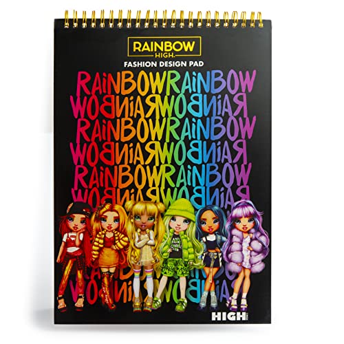 Rainbow High Juego de cuaderno de bocetos de diseño de moda - Kit de diseño de moda para niñas - Incluye bloc de diseño de moda de 30 páginas, bolígrafos de punta de pincel y lápices de colores para