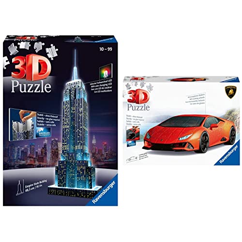 Ravensburger 12566 1- Puzzle 3D Building: Empire State Building Night Edition, Multicolor & Puzzle 3D, Lamborghini Huracán EVO, Edad Recomendada 8+, 108 Piezas - Dimensiones: 25.1 x 12.4 x 6.5 cm
